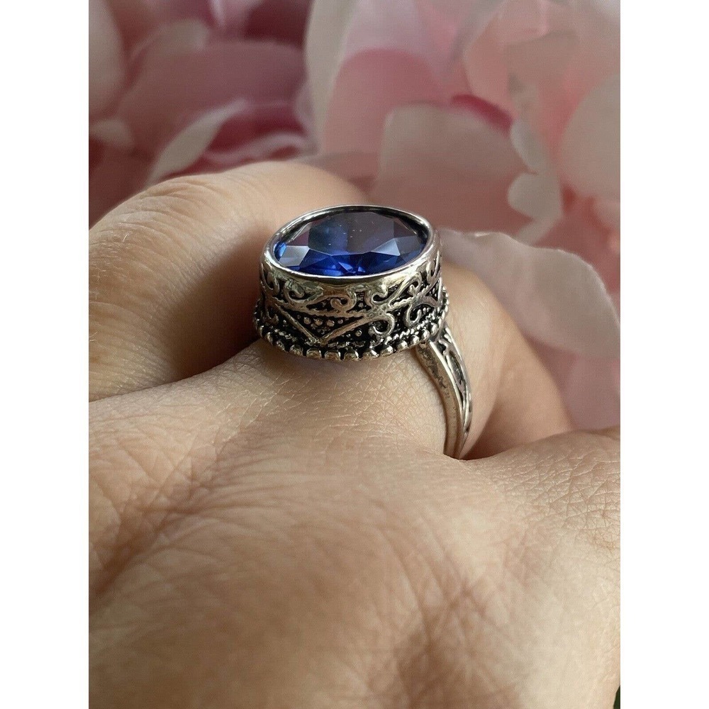 Silver Plated Ring Blue Glass Faceted Stone Size 8.5